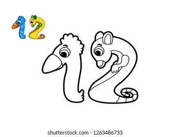 Children's coloring book, coloring funny numbers, number twelve