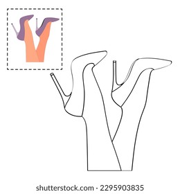 Children's coloring book for girls. Female legs in a pose. Shoes stilettos, high heels