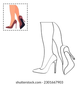 Children's coloring book for girls. Female legs in a pose. Shoes stilettos, high heels