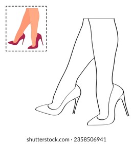 Libro de coloración infantil para niñas. Piernas femeninas en una pose. Estilettos de zapatos, tacones altos