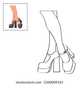 Libro de coloración infantil para niñas. Piernas femeninas en una pose. Estilettos de zapatos, tacones altos