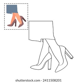 Children's coloring book for girls. Female legs in a pose. Shoes stilettos, high heels