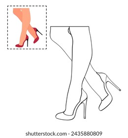 Children's coloring book for girls. Female legs in a pose. Shoes stilettos, high heels