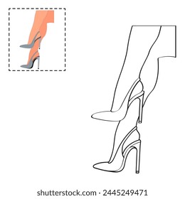 Children's coloring book for girls. Female legs in a pose. Shoes stilettos, high heels