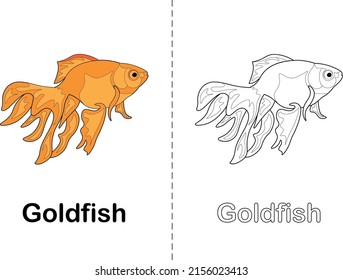 Children's coloring book with goldfish. Vector template with color swatch and inscription