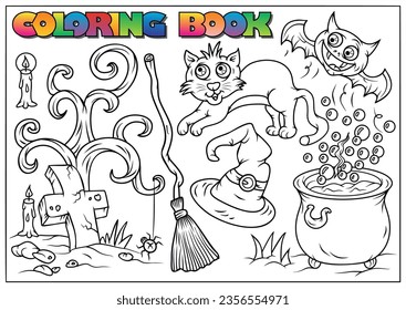 Children's coloring book for halloween, candle, tree, grave, broom, cat, witch hat, bat, cauldron-halloween theme