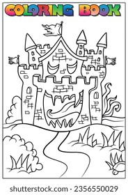 
Children's coloring book for Halloween, castle, path, grass - Halloween theme