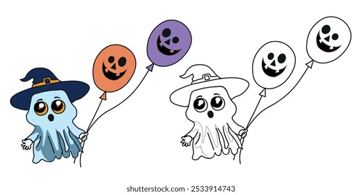 
Libro de colorear para niños para Halloween. Encantador fantasma con globos en la mano aislado sobre fondo blanco. Coloración según la muestra. Ilustración vectorial