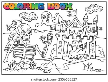 Children's coloring book for Halloween - crow, skeleton, castle, ghost, cloud, grass - Halloween theme