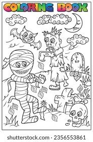 Children's coloring book for Halloween, mummy, skull, grave, grass, zombie, bat, cloud, moon - Halloween theme