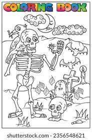 
Children's coloring book for Halloween, skeleton, skull, tomb, candle, bat, moon-halloween theme