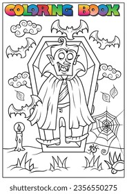 
Children's coloring book for Halloween, sleeping vampire in a chest, candle, bat, grass, spider web - Halloween theme