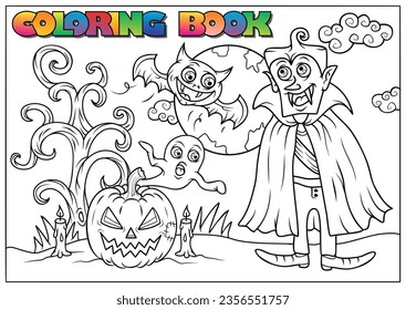 Children's coloring book for Halloween, vampire, moon, cloud, bat, ghost, pumpkin, tree, grass - Halloween theme