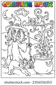 Children's coloring book for Halloween - witch with hat, cat, cauldron, broom, tree, vampire, moon, cloud - Halloween theme