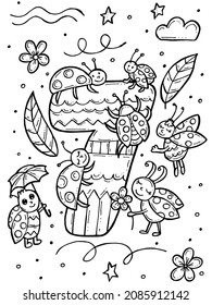 Children's coloring book. Hand-drawn doodle vector illustration with numbers and animals. Seven cute ladybugs fly with flowers and leaves.