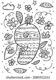 Children's coloring book. Hand-drawn doodle vector illustration with numbers and animals. Nine bees fly with leaves and flowers.