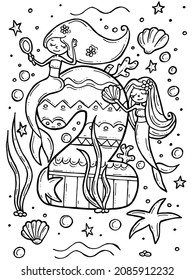 Children's coloring book. Hand-drawn doodle vector illustration with numbers and animals. Two mermaids in the sea with a mirror and a shell.