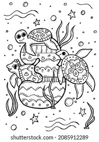 Children's coloring book. Hand-drawn doodle vector illustration with numbers and animals. Three sea turtles swim with bubbles.