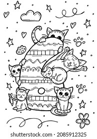 Children's coloring book. Hand-drawn doodle vector illustration with numbers and animals. Six cats with paws, stars and flowers.