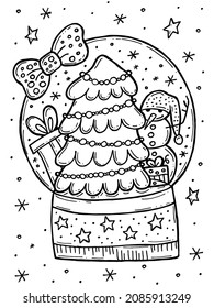 Children's coloring book. Hand-drawn doodle winter vector illustration. Merry Christmas 2022. A glass snow globe with a Christmas tree, gifts and a snowman.