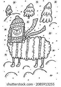 Children's coloring book. Hand-drawn doodle winter vector illustration. Merry Christmas 2022. A lama in a hat with ropes and pompoms and a scarf stands in a snowy forest with Christmas trees.