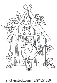 children's coloring book with the image of two birds and a birdhouse