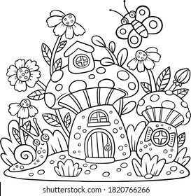 children's coloring book mushroom town mushrooms with windows and doors snail and butterfly