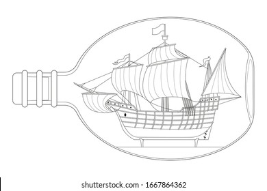 Libro de colorantes para niños. Un viejo barco de vela en botella. Caravel. Vector