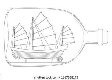 Children's coloring book . An old sailing ship in bottle. Junk. Vector