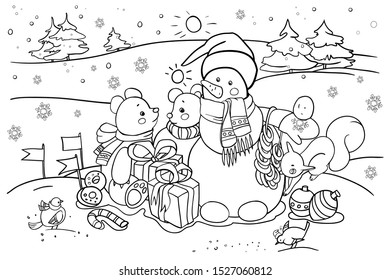 Children's coloring book on the theme of New Year and Christmas holidays, snow landscape, snowman with gifts, animals, cartoon characters, vector illustration