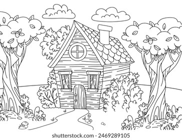 Children's coloring book outline page. Fabulous wooden house with vegetation and trees. Black and white page for kids. Printable illustration for drawing and meditation. Vector illustration.