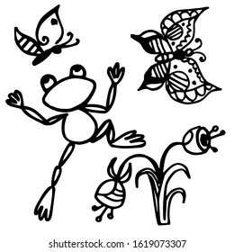 Children's coloring book page 1. The little frog catches a butterfly. Sketch outline, freehand drawing isolated on white background black lines. Educational illustration for children of preschool age.