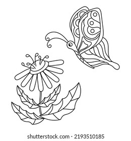 Children's coloring book page with flowers and butterflies and flower. Hand drawing for kids. Vector illustration