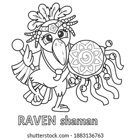 Children's coloring book Raven shaman with a tambourine. Vector illustration with an interesting character Raven, a symbol of mystery and magic. Designed for childrens.