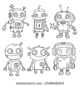 children's coloring book, set of cute robots. vector illustration in doodle style.