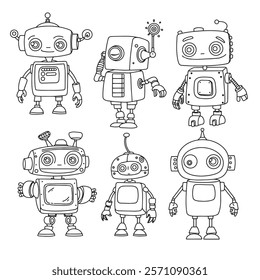 children's coloring book, set of cute robots. vector illustration in doodle style.