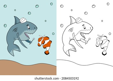 A Children's Coloring Book With A Shark Dentist And A Small Fish. Cartoon Vector Illustration Of The Underwater World.