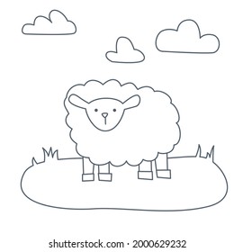 Children's coloring book sheep on the lawn