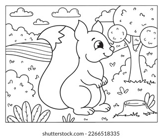 Children's coloring book with a squirrel. Hand drawn vector illustration. Coloring book pages for adults and kids. Forest, field, trees, stump.