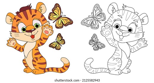 Children's coloring book tiger cub with butterfly.