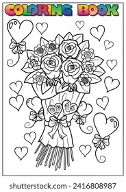 Children's coloring book for Valentine's Day - bouquet of roses with hearts