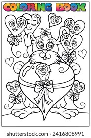 Children's coloring book for Valentine's Day - a bunny holding a Valentine's heart