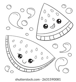 Children's coloring book, watermelon slices and water drops, kawaii characters