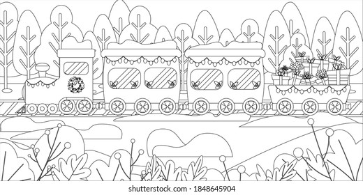 children's coloring book. Winter landscape. Christmas decorated train.