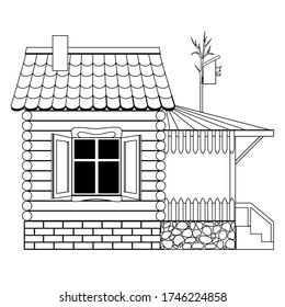 Children's coloring book a wooden house with a window, a porch tiled roof, a terrace, birdhouse on the roof of the house, a foundation of brick and natural stone. Black lines on a white background