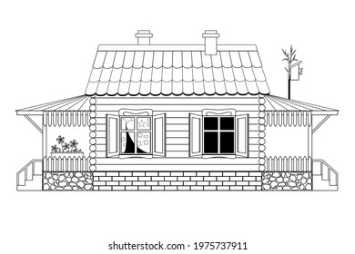 Children's coloring book a wooden house 2 window, a porch tiled roof, flowers on terrace, birdhouse on the roof of the house, a foundation of brick and natural stone. Black lines on a white background