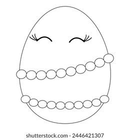 Childrens coloring books. Anthropomorphic happy Easter egg-woman dressed in beads. Vector black and white drawing