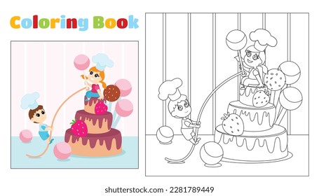 Children's coloring boy and girl in chef's hats near the cake and sweets. Coloring page for children ages 4-11 in kindergarten and elementary school. Illustration and black and white outline.