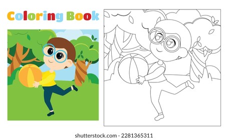 Children's coloring boy runs with a ball in his hands in the park in a cartoon style. Coloring page for children aged 4-8 in kindergarten and elementary school. Illustration black and white outline.