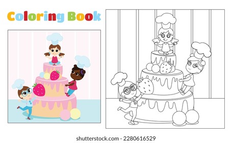 Children's coloring boys and girls in chef's hats play near the cake and sweets. Coloring page for children ages 4-11 in kindergarten and elementary school. Illustration and black and white outline.